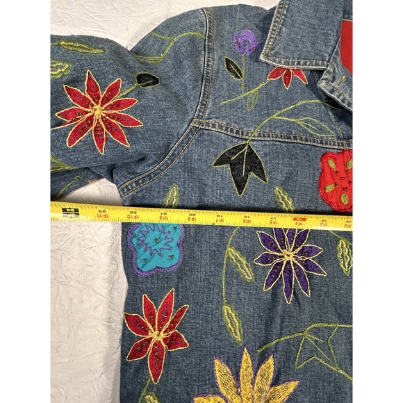 Women's Chico's Design Y2K sz 1 Denim Floral Embroidered Jean Jacket Vtg Med - Picture 12 of 14